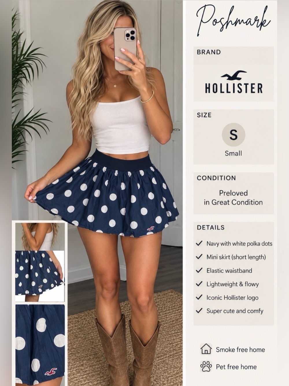 Hollister Navy and White Polka Dot Skater Skirt